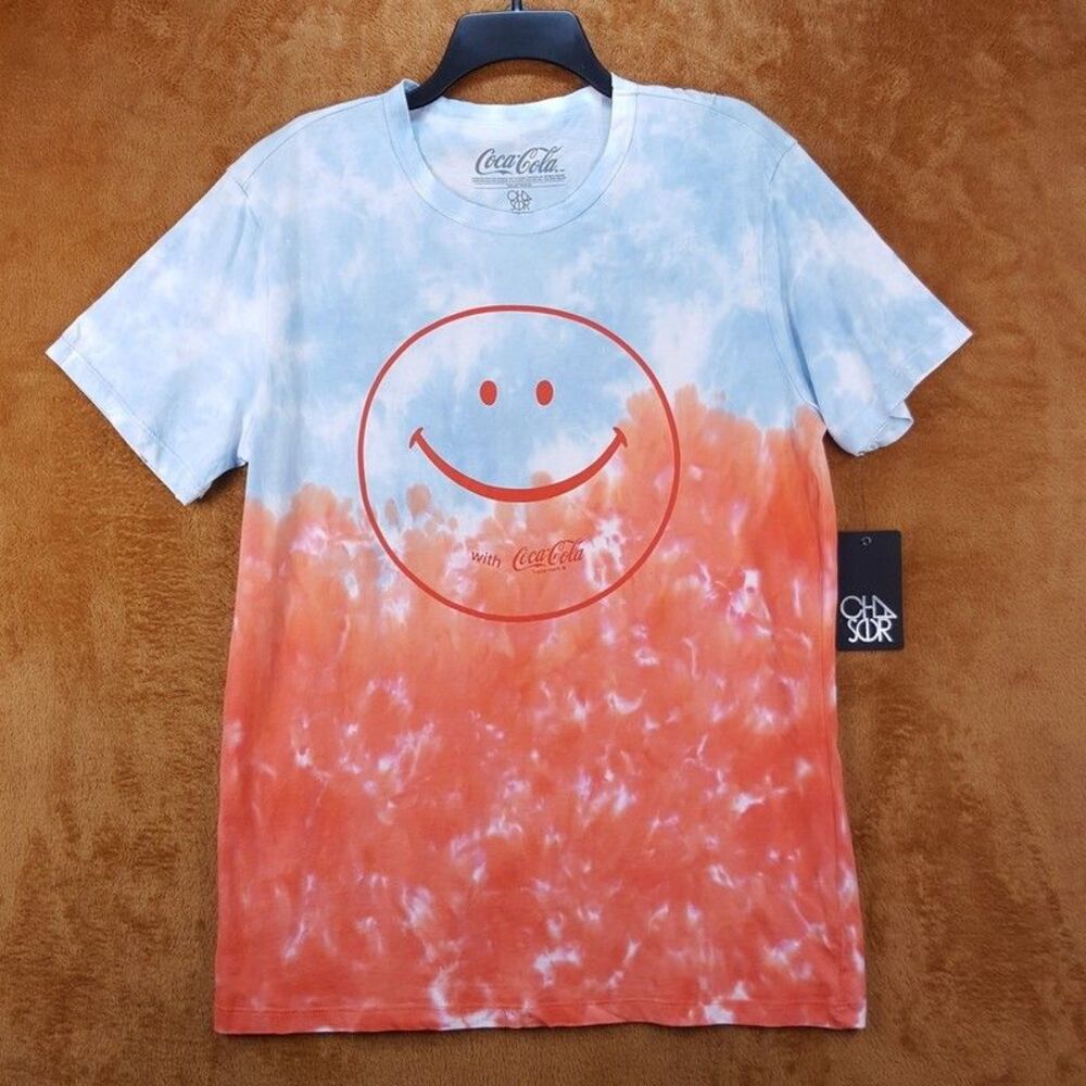 CHASER Shirt Mens Large Red Spotted Blue Smiley Face Coca Cola Coke Graphic Tee